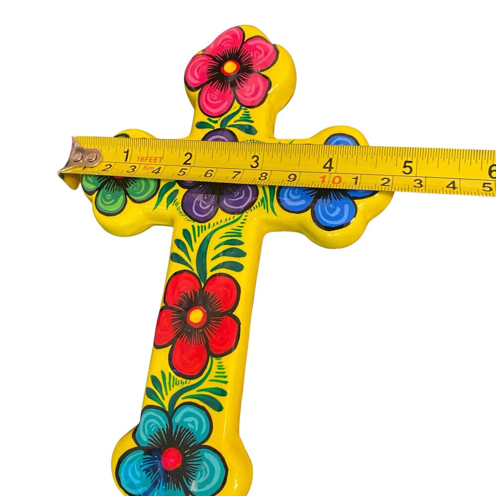 Ceramic CROSS Yellow Colorful High Gloss with Flowers Mexican Folk Wall Art 7" - Picture 11 of 11